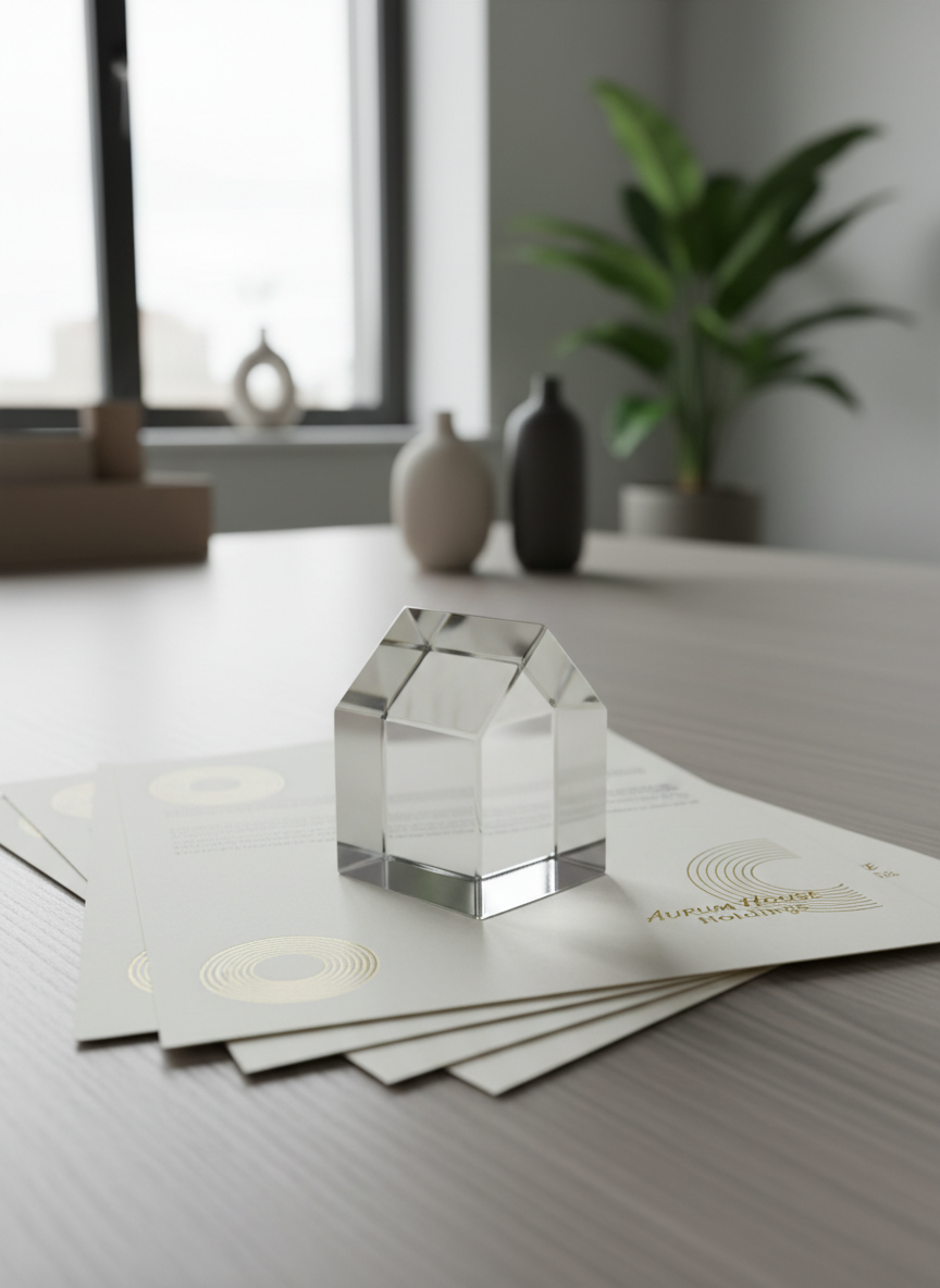 A sleek, transparent glass paperweight in the form of a stylized house, positioned atop a stack of crisp, ivory-hued documents embossed with subtle gold details. The surface beneath is a finely grained ash wood desk, reflecting minimalist, corporate taste. The background is softly blurred, hinting at a contemporary workspace accented with calming, neutral colors. Soft studio lighting from one side creates refined highlights along the paperweight's sharp edges and gentle shadows underneath, imbuing the image with a sense of clarity and focus. Photographed at desk-level with the subject framed by the rule of thirds, the mood is deliberate, composed, and thoughtful—mirroring the foundational role and long-term commitment of Aurum House Holdings. The clean, photographic realism fits seamlessly with the professional investment firm persona.