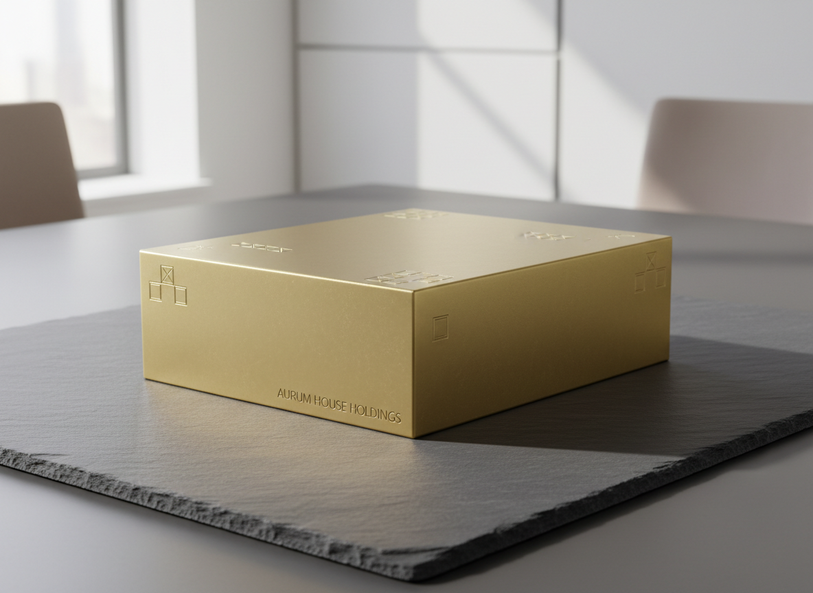 A heavy, brushed matte gold block resting solidly on a smooth slate tabletop, its sharp edges and balanced proportions evoking both stability and refinement. The block features subtle engraved geometric patterns that suggest intentional design and thoughtful investment. It is set in a minimal office environment with clean architectural lines, complemented by a muted neutral palette—greys, whites, and soft taupes. Soft, indirect daylight from large unseen windows creates gentle highlights along the gold surfaces and casts delicate shadows, contributing to an atmosphere that is quiet, professional, and reassuring. Captured from a slightly elevated eye-level angle with sharp focus throughout, the composition is carefully centered to emphasize order and foundation. The photograph channels a modern, structured, and corporate aesthetic, aligning with Aurum House Holdings’ understated yet solid brand presence.